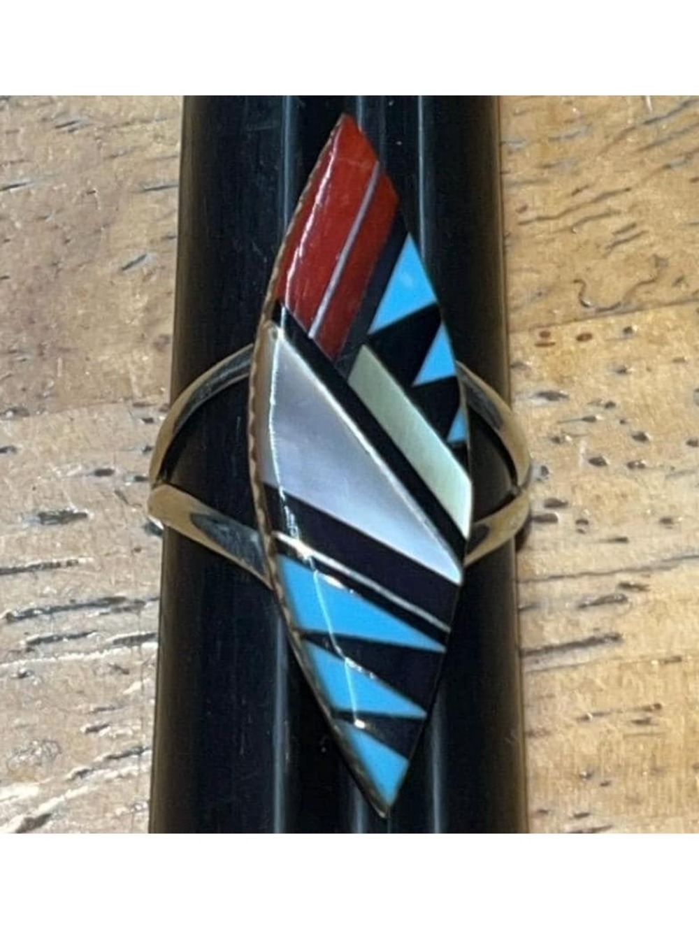 Zuni jewelry handmade multi stone turquoise sterling silver inlay ring size 8
